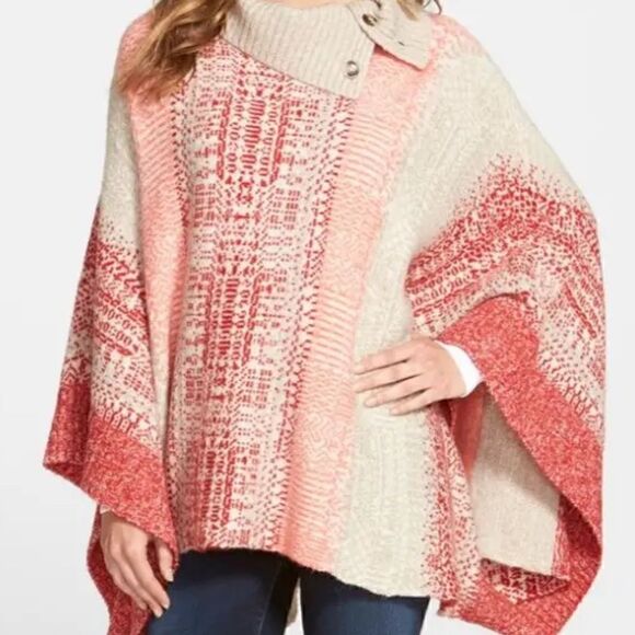 Caslon Jacquard Button Cowl Neck Sweater-Knit Poncho Red Salmon Gray Siz… - Picture 1 of 17